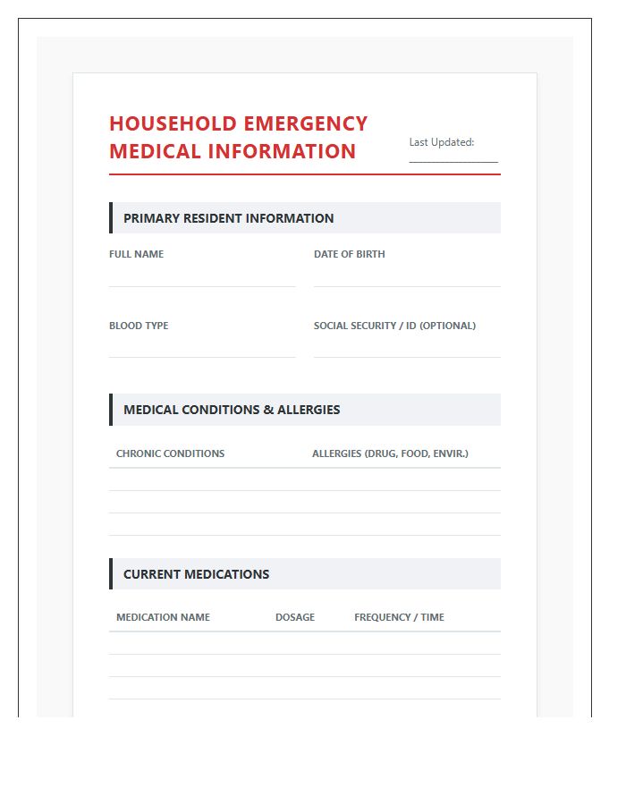 Household Emergency Medical Information Chart Printable