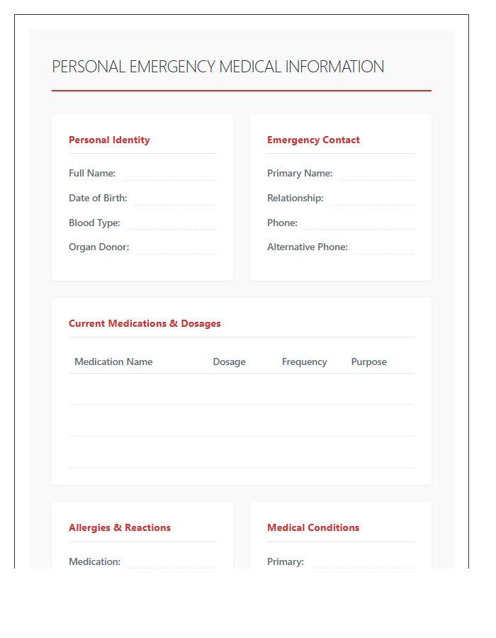 Personal Emergency Medical Information Tracking Chart