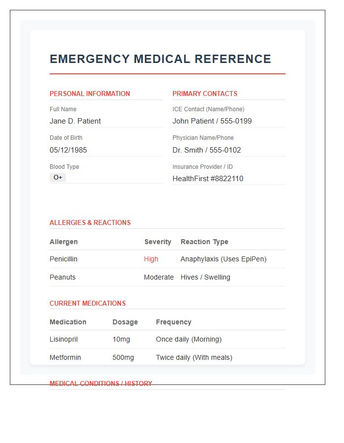 Portable Emergency Medical Information Reference Chart