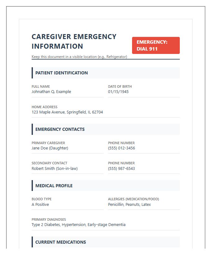 Printable Caregiver Emergency Medical Information Chart