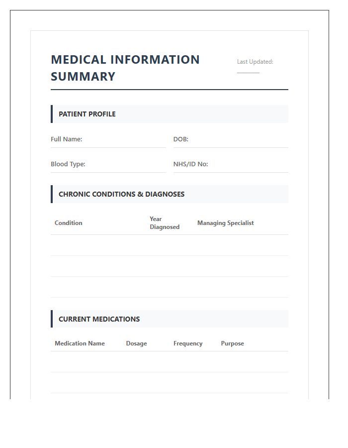 Printable Chronic Illness Medical Information Chart