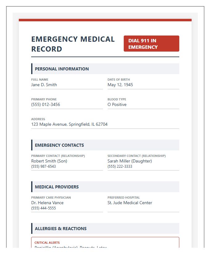 Printable Emergency Medical Information Chart For Seniors