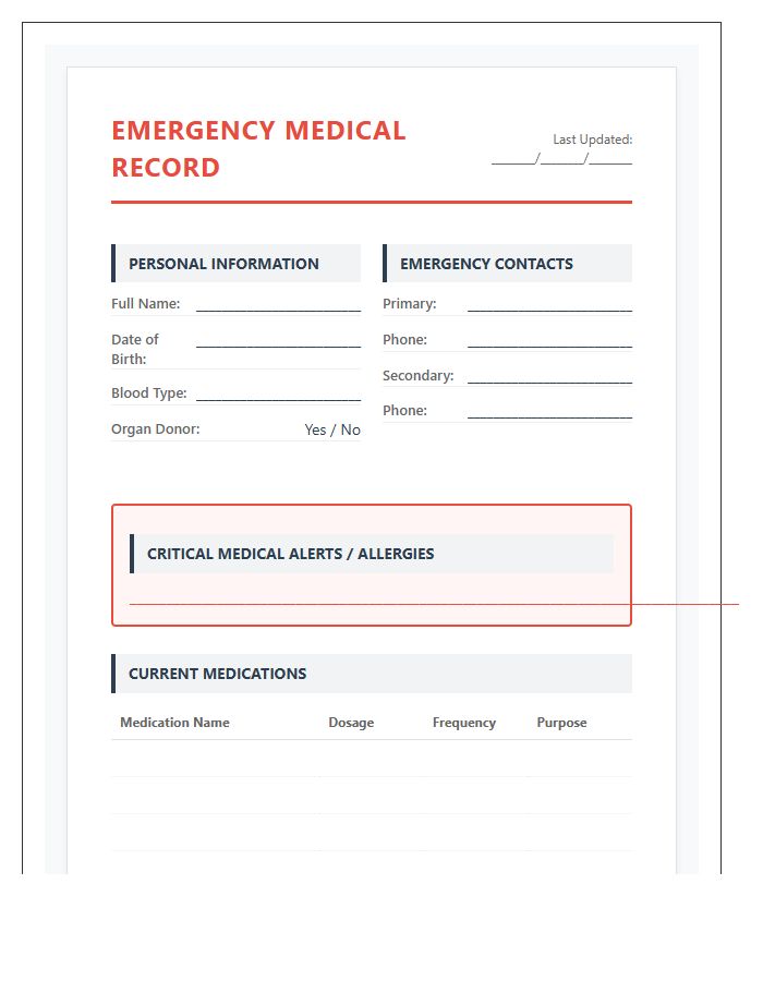 Printable First Responder Medical Information Chart