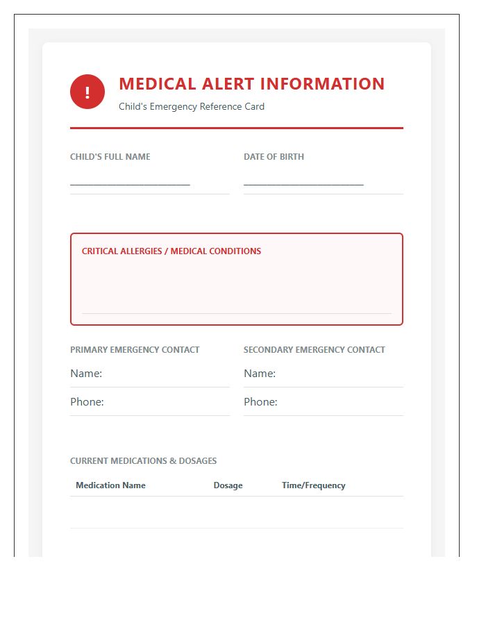 Printable Medical Alert Information Chart For Kids