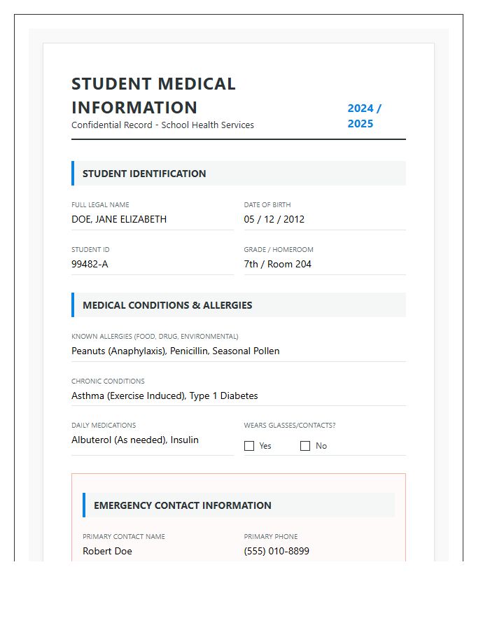 Printable Medical Information Chart For School Use