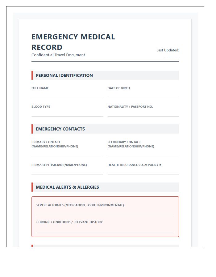 Printable Medical Information Chart For Travel