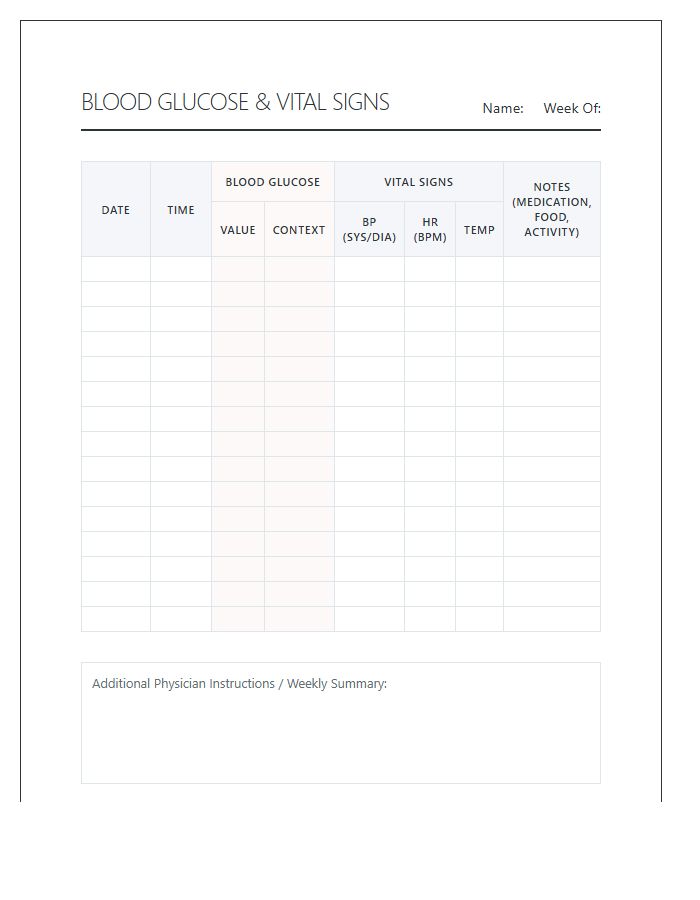 Blood Glucose And Vital Signs Tracking Printable Chart