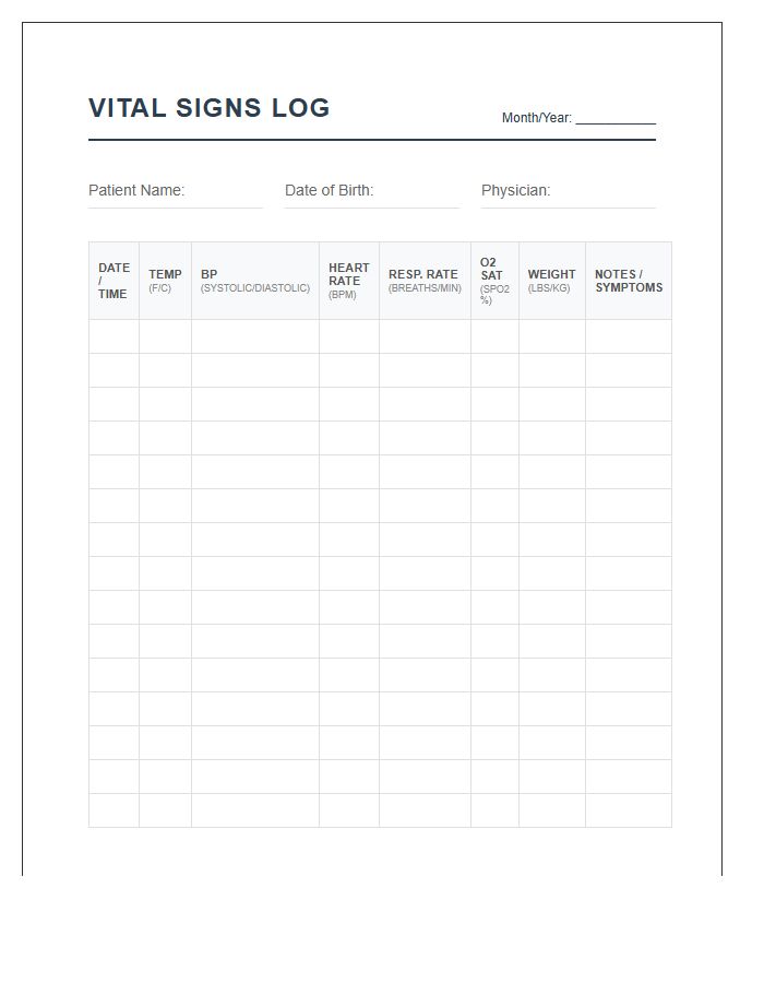 Comprehensive Medical Vital Signs Printable Chart
