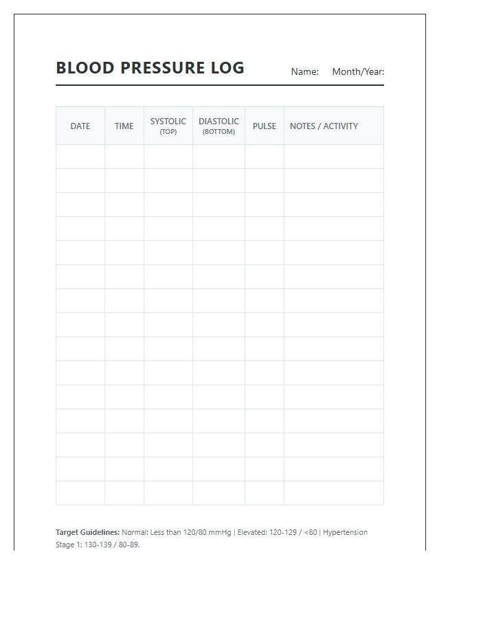 Daily Blood Pressure And Pulse Printable Chart