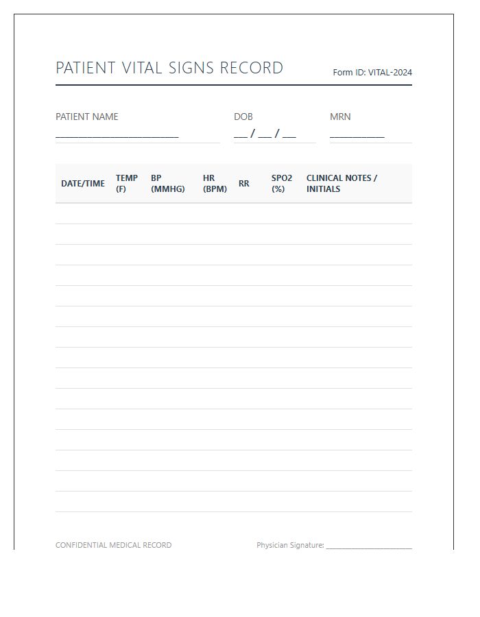 Hospital Patient Vital Signs Printable Chart
