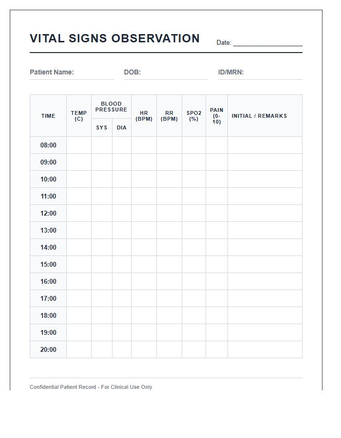 Hourly Vital Signs Observation Printable Chart