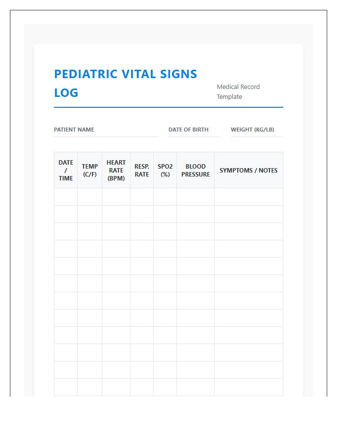 Pediatric Vital Signs Tracking Printable Chart