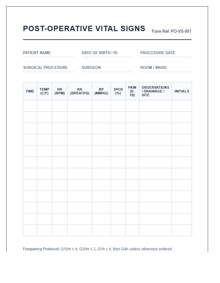 Post Operative Vital Signs Recording Printable Chart