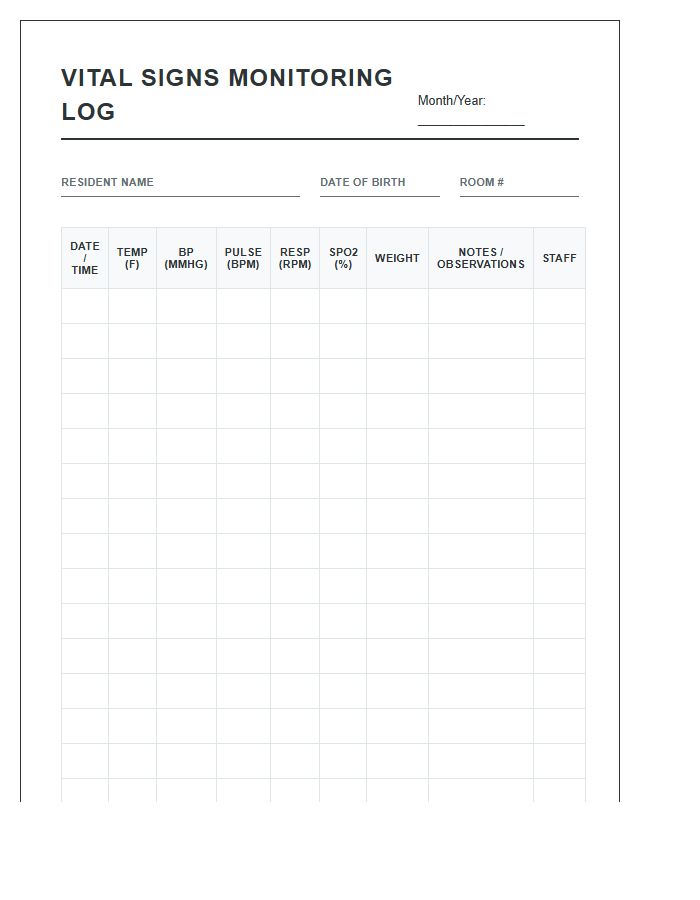 Printable Vital Signs Monitoring Chart For Assisted Living