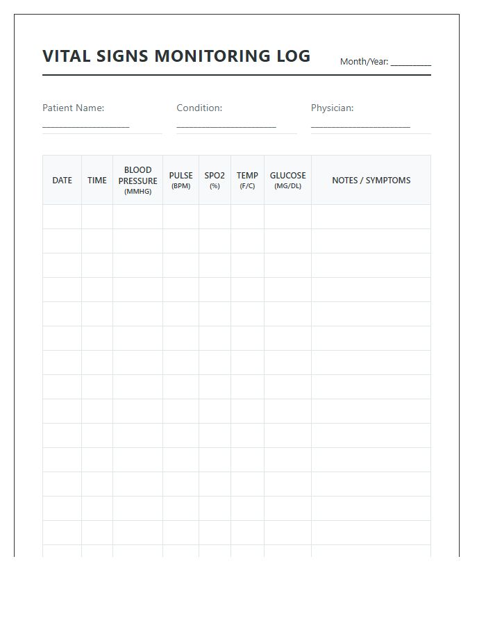 Printable Vital Signs Monitoring Chart For Chronic Conditions