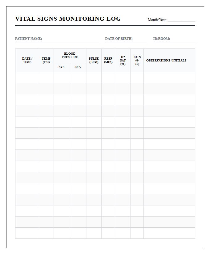 Printable Vital Signs Monitoring Chart For Elderly Care