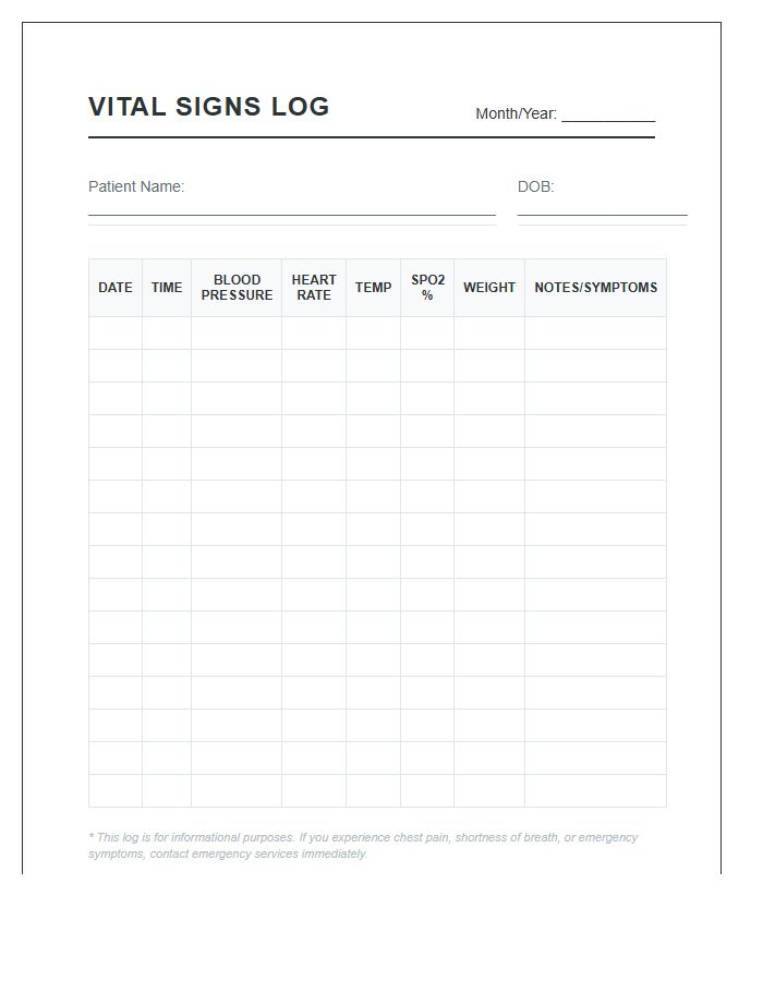 Printable Vital Signs Monitoring Chart For Home Health