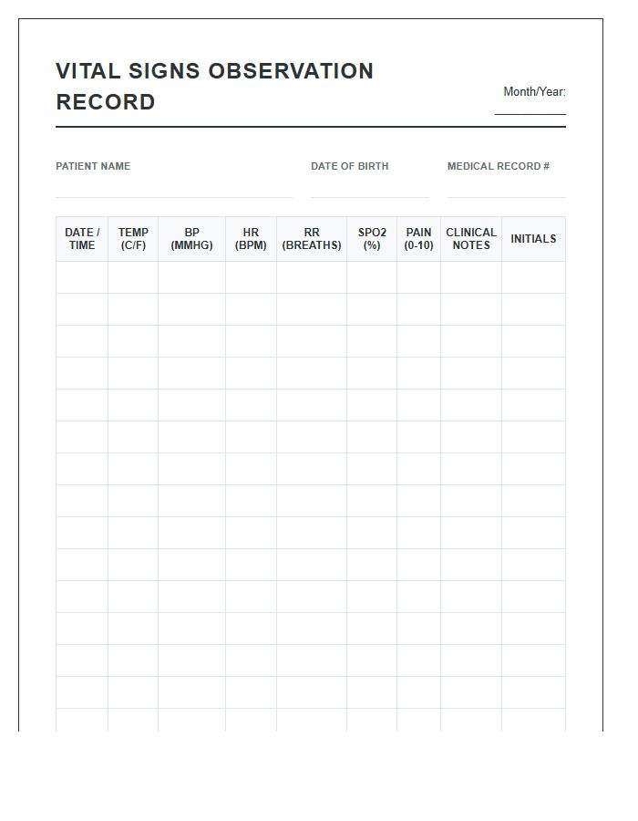 Printable Vital Signs Monitoring Chart For Nursing Care