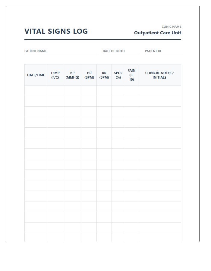 Printable Vital Signs Monitoring Chart For Outpatient Clinics