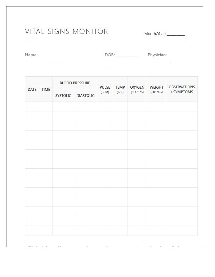 Printable Vital Signs Monitoring Chart For Seniors
