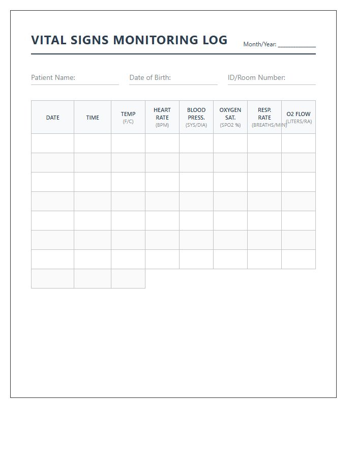 Printable Vital Signs Monitoring Chart With Oxygen Levels