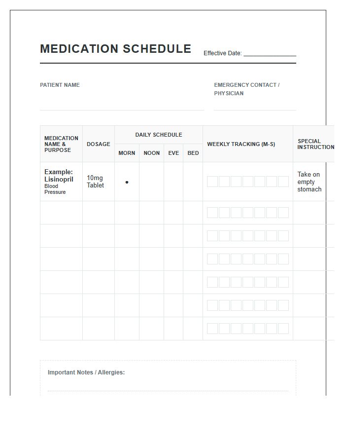 Comprehensive Printable Prescription Medication Schedule Chart