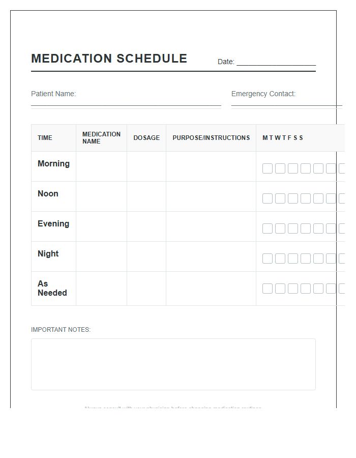 Daily Printable Prescription Medication Schedule Chart