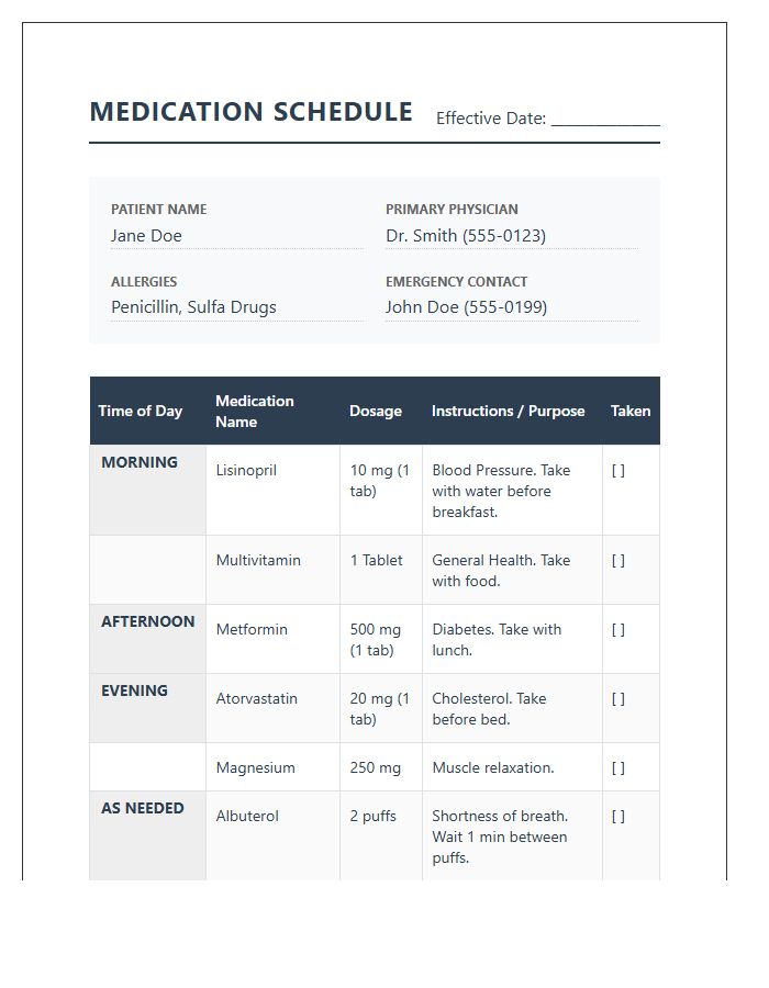 Detailed Printable Prescription Medication Schedule Chart