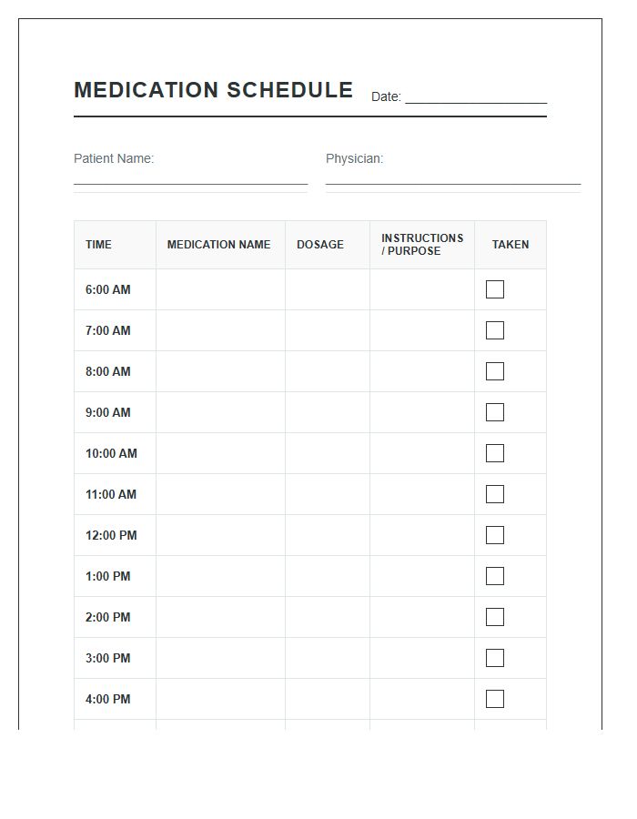 Hourly Printable Prescription Medication Schedule Chart