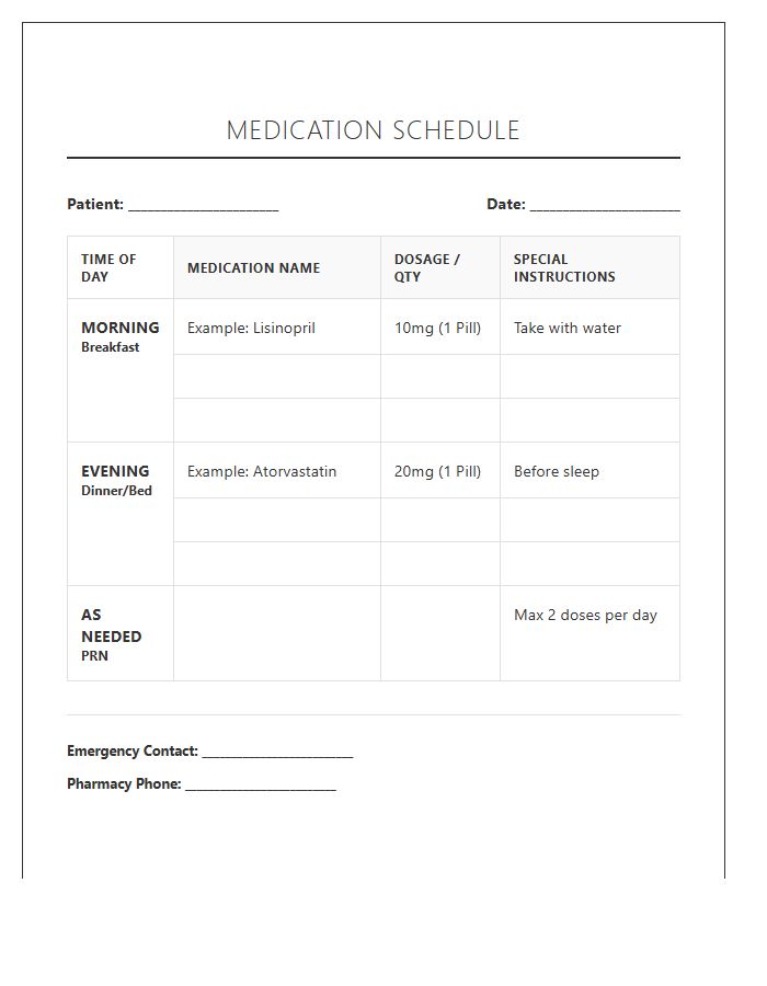 Morning Evening Printable Prescription Medication Schedule Chart