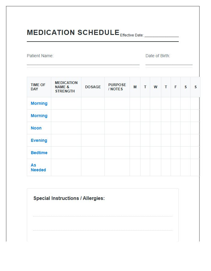 Patient Printable Prescription Medication Schedule Chart