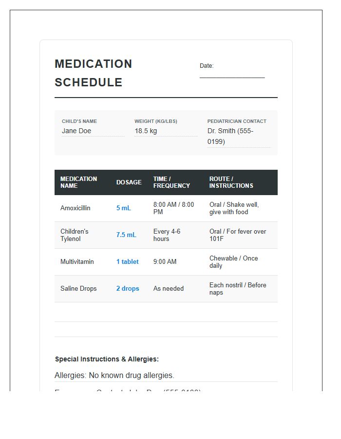 Pediatric Printable Prescription Medication Schedule Chart