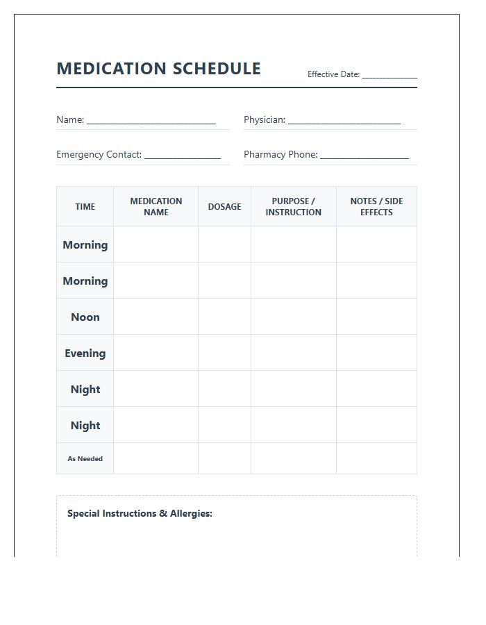 Printable Prescription Medication Schedule Chart For Seniors