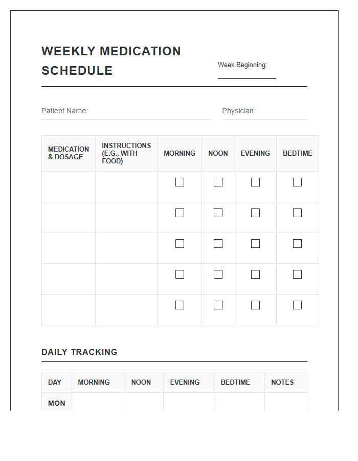 Weekly Printable Prescription Medication Schedule Chart Organizer