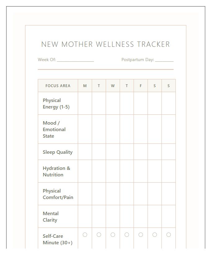 New Mother Wellness Symptom Tracker Printable Chart