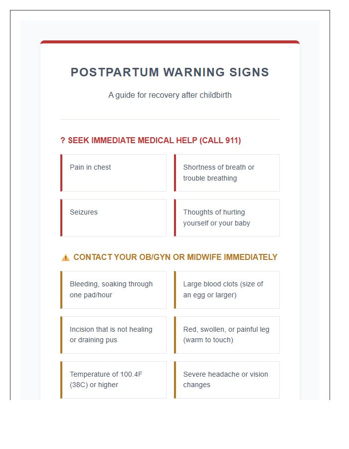 Postpartum Complications Warning Signs Printable Chart