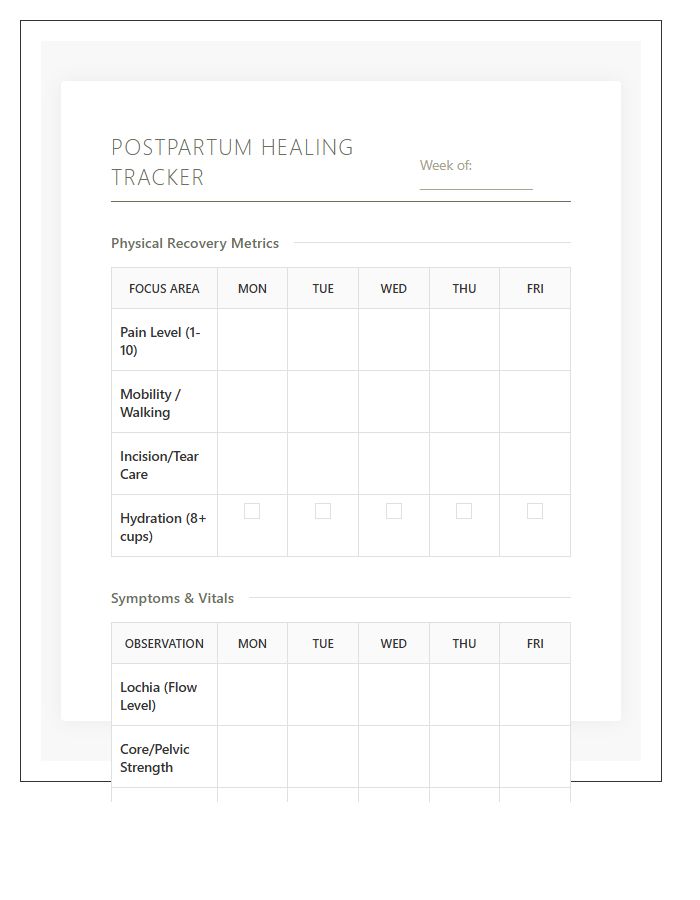 Postpartum Physical Healing Progress Chart Printable