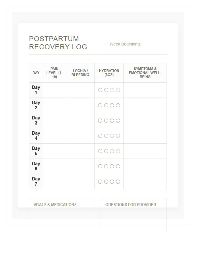 Postpartum Physical Recovery Log Printable Chart