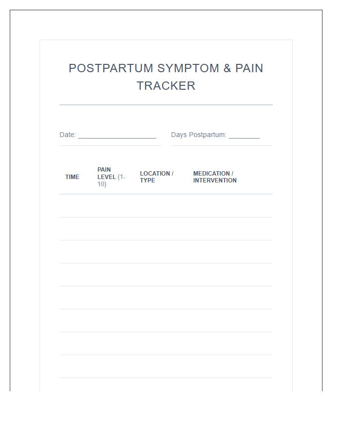 Printable Postpartum Pain Management Symptom Chart