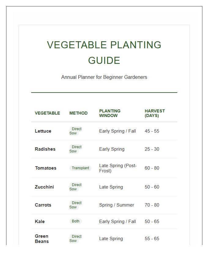 Beginner Vegetable Garden Planting Printable Chart