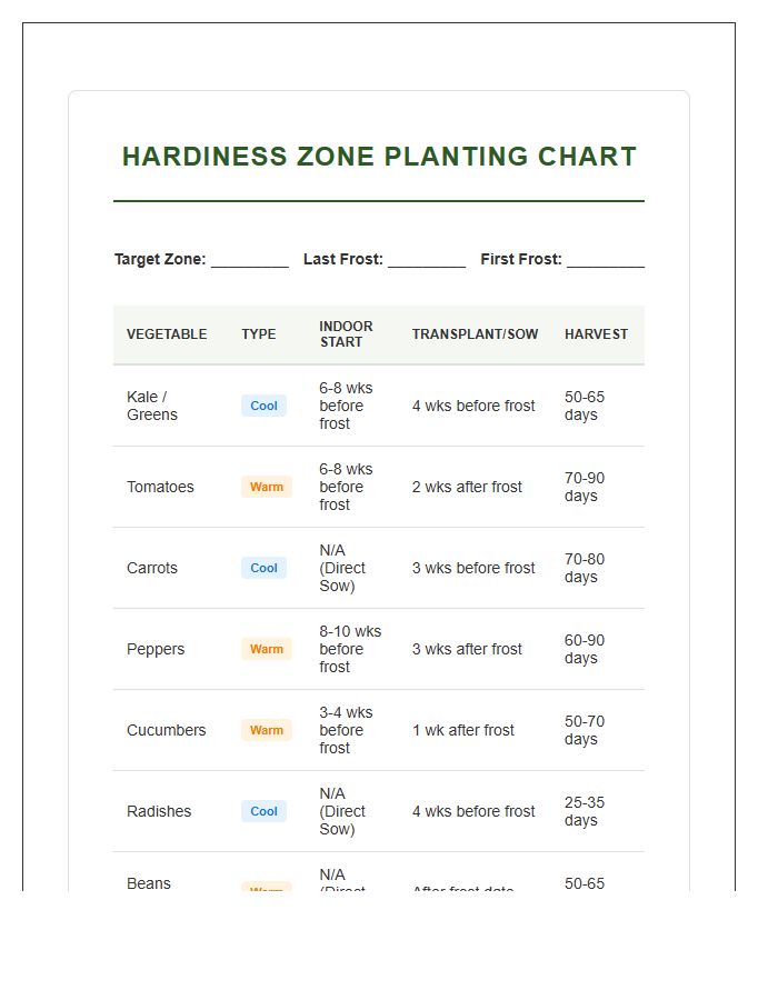 Hardiness Zone Vegetable Planting Printable Chart
