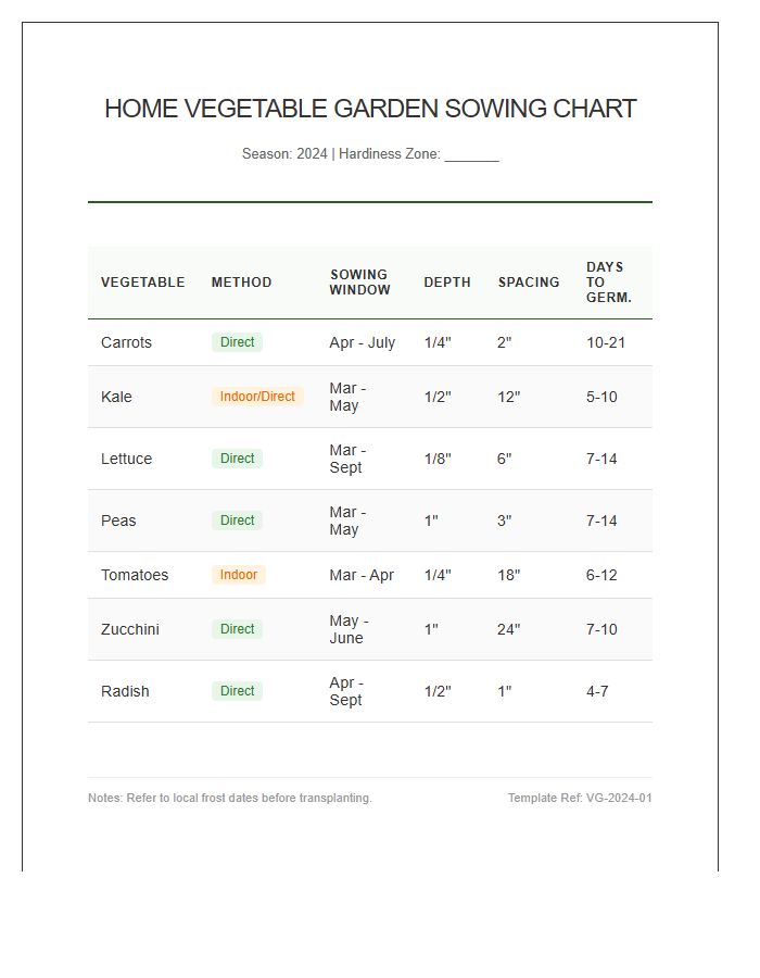 Home Vegetable Garden Sowing Printable Chart