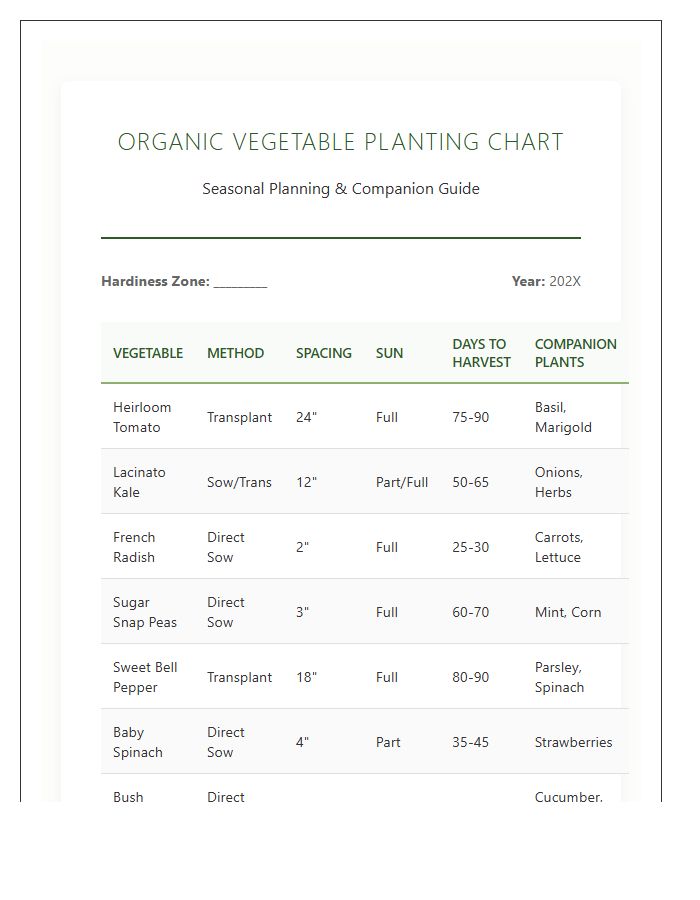 Organic Vegetable Garden Planting Printable Chart