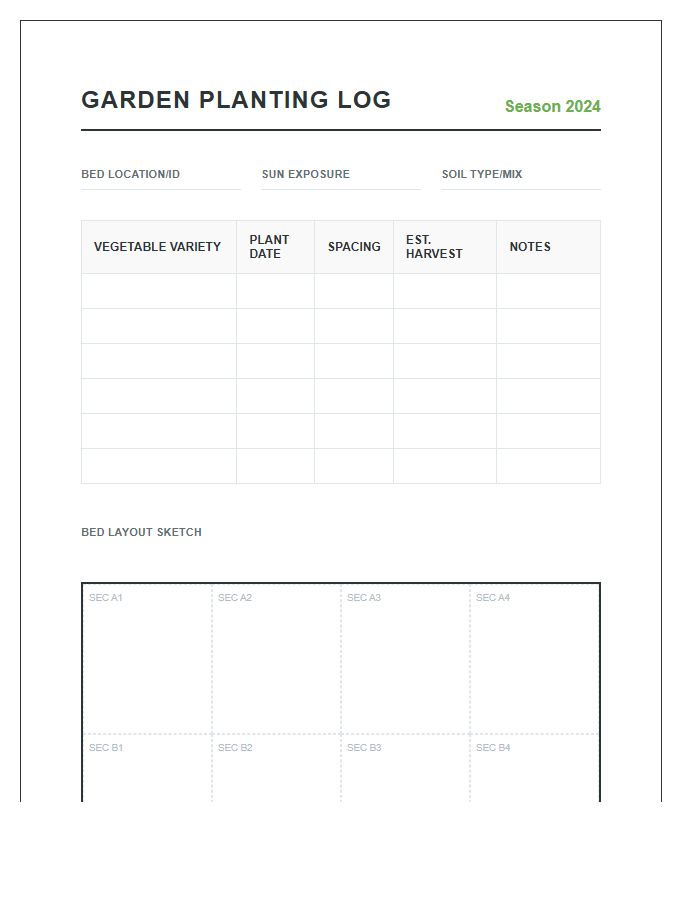 Raised Bed Vegetable Garden Printable Chart