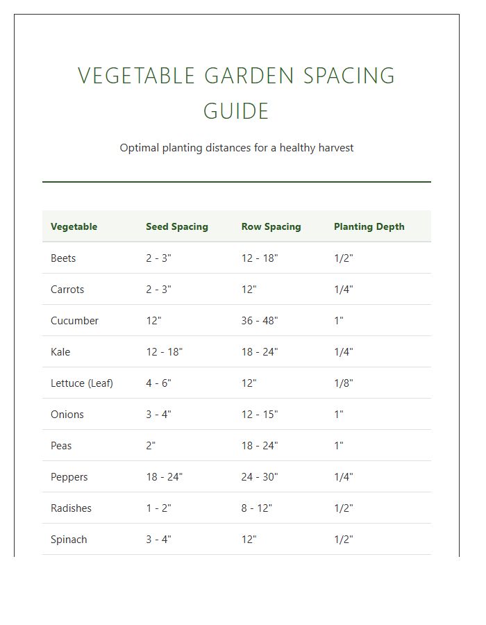 Vegetable Garden Spacing Guide Printable Chart