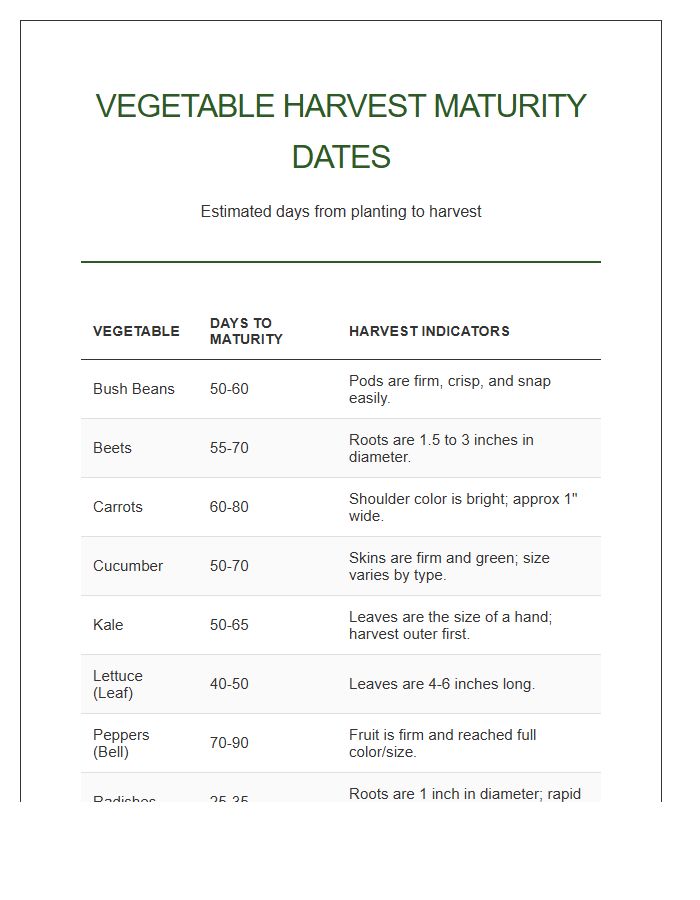 Vegetable Harvest Maturity Dates Printable Chart