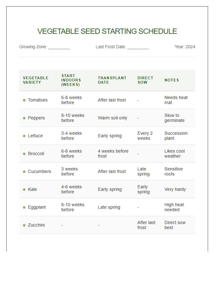 Vegetable Seed Starting Schedule Printable Chart