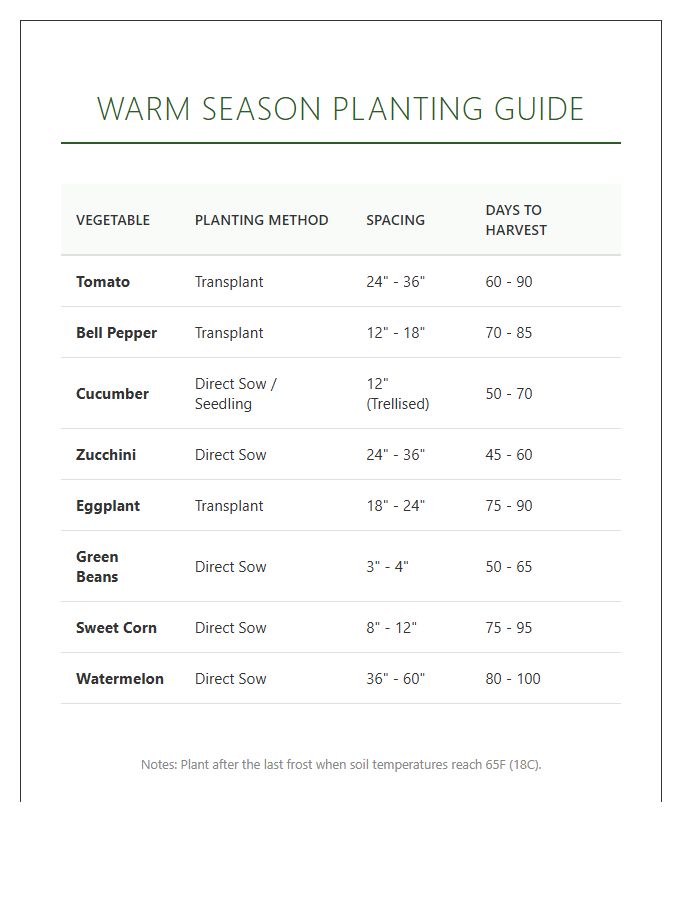 Warm Season Vegetable Planting Printable Chart