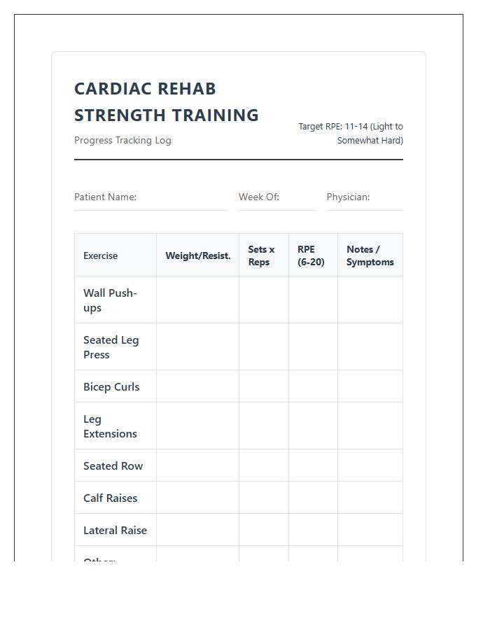 Cardiac Rehab Strength Training Printable Chart