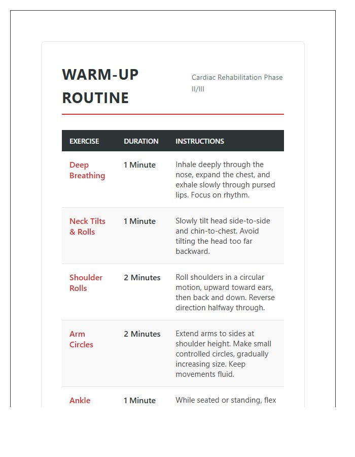 Cardiac Rehabilitation Warm Up Routine Printable Chart
